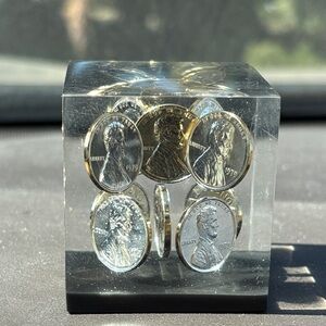 Acrylic Paperweight with Embedded Pennies From 1979